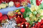 Red Ribbon And Accessory Decorations Of Christmas Day Stock Photo