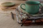 Newspapers On Wooden Floor Stock Photo