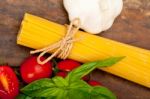 Italian Spaghetti Pasta Tomato And Basil Stock Photo