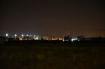 Night Public Park In The City With Houses Near Stock Photo