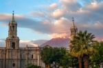 Volcano El Misti Overlooks The City Arequipa In Southern Peru. A Stock Photo