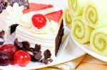 Chocolate Cake With Pandan Cake Roll Stock Photo