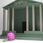 Piggybank Leaving Bank Showing International Currencies Stock Photo