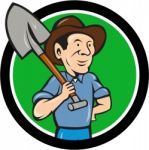 Farmer Shovel Shoulder Circle Cartoon Stock Photo