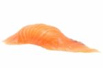 Japanese Cuisine. Salmon Sushi Nigiri Isolated On White Backgrou Stock Photo