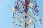 Satellite Dish Telecom Tower On Blue Sky Background Stock Photo