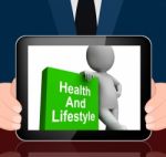 Health And Lifestyle Book With Character Displays Healthy Living Stock Photo