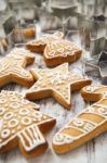 Christmas Gingerbread Cookies And Metal Cookie Cutters On White Stock Photo