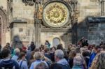 People Waiting For The Astronomical Clock In Prague Stock Photo