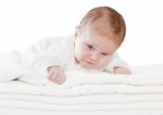 Blue Eyes Baby Boy On White Towels Stock Photo