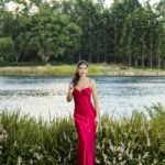 Beautiful Young Woman In The Gardens Wearing A Long Silk Red Dress Stock Photo