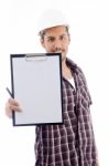 Engineer Showing Writing Pad Stock Photo