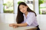 Portrait Of Thai High School Student Uniform Teen Beautiful Girl Happy And Relax Stock Photo