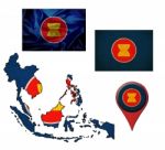 Grunge Asean Economic Community Flag, Map And Map Pointers Stock Photo