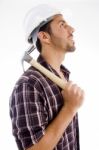 Side Pose Of Architect Holding Hammer Stock Photo