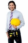 Construction Worker Wearing Tool Belt Stock Photo