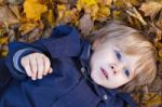 Small Blond Boy With Blue Eyes Lays On Bed Of Autumn Fallen Leav Stock Photo