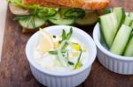 Fresh Vegetarian Sandwich With Garlic Cheese Dip Salad Stock Photo