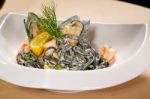 Seafood Black Spaghetti Stock Photo