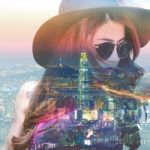 Double Exposure,beautiful Girl And Cityscape Stock Photo