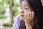 Portrait Of Thai High School Student Uniform Teen Beautiful Girl Happy And Relax Stock Photo