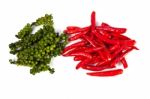 Peppercorns And Chili Stock Photo