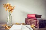 Open Books And Flower, Home Decoration Concept Stock Photo