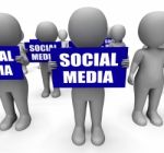 Characters Holding Social Media Signs Mean Online Communities Stock Photo