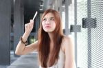 Portrait Of Thai Adult Beautiful Girl Read And Think In University Stock Photo