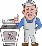 Oven Cleaner With Oven Thumbs Up Cartoon Stock Photo