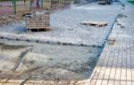 Construction Of A New Modern Road With Paving Slabs Stock Photo