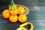 Fresh Orange And Leaf On Basket,  Group Of Mandarin Orange On Bl Stock Photo