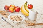 Bowl Of Muesli For Breakfast With Fruits Stock Photo