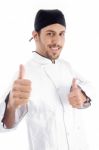 Male Chef Showing Double Thumb Up Stock Photo