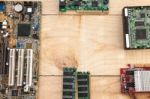 Motherboard And Pc Components Over A Wood Background For A Iot O Stock Photo