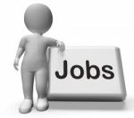 Jobs Button With Character  Shows Hiring Recruitment Online Hire Stock Photo