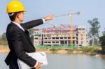 The Arms Of A Male Businessman Holding A Blueprint And Pointing Stock Photo