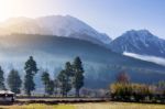 Panoramic View Of Beautiful Mountain Landscape Small Village  Stock Photo