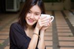 Portrait Of Thai Adult Glasses Beautiful Girl Drinking Coffee Stock Photo