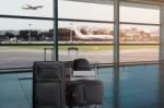 Group Of Luggage In The Airport Terminal Stock Photo