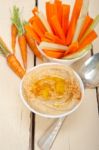 Fresh Hummus Dip With Raw Carrot And Celery Stock Photo