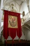 Red Banner In The Parish Church Of St. Georgen Stock Photo