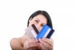 Woman Holding Credit Cards Stock Photo