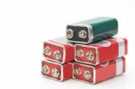 9 V Batteries In Perspective Closeup View Stock Photo