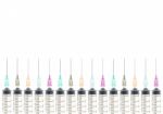 Five Color Medical Syringe Background On Bottom View Stock Photo