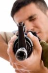 Soldier Going To Shoot With Gun Stock Photo