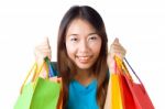 Asian Woman Holding Shopping Bag Stock Photo