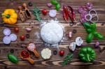 Raw Dough With Ingredients For Homemade Pizza On Shabby Wooden B Stock Photo