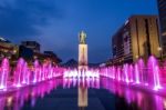 Seoul, South Korea - April 30, 2016:beautifully Color Water Fountain At Gwanghwamun Plaza With The Statue Of The Admiral Yi Sun-sin In Downtown.photo Taken On April 30,2016 In Seoul,south Korea Stock Photo