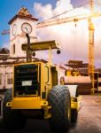 Road Roller At Construction Site Stock Photo